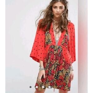 Free People Tallula Dress Cherry Combo Bohemian Floral Swing Dress Medium EUC